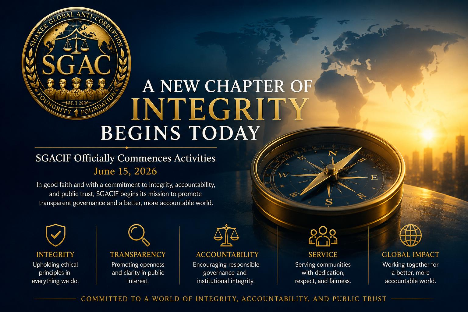 SGACIF official commencement visual representing integrity, transparency, accountability, service, and global public trust.